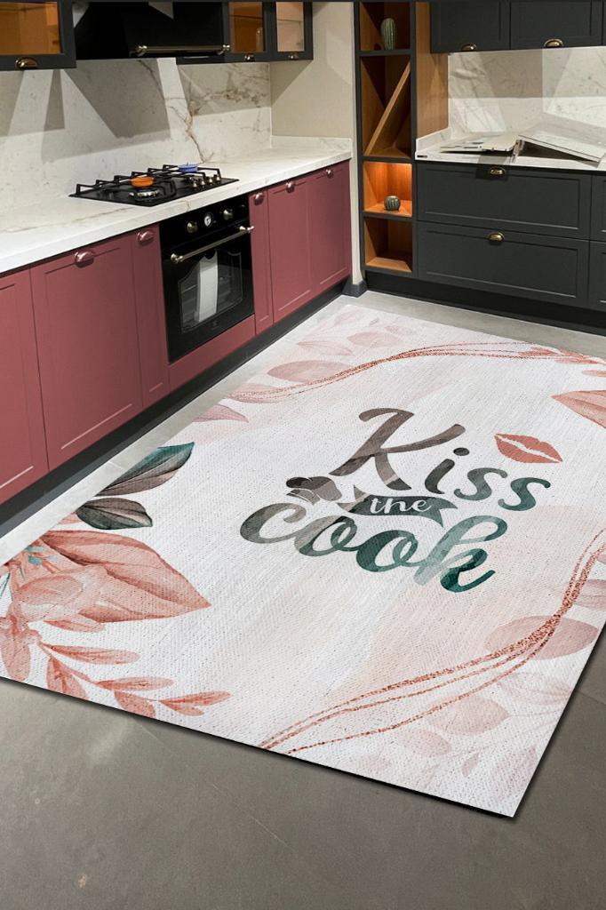 Aşçıyı Öp Çok Renkli Mutfak Halısı Minimal Yazılı Modern Halı Mutfak Temalı Çiçekli Halı