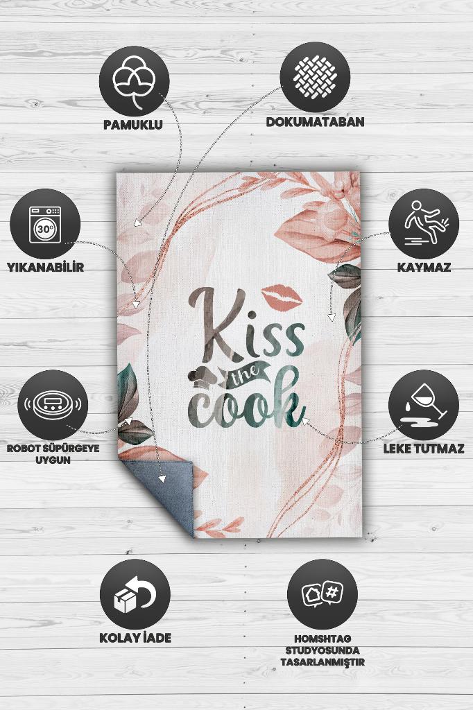 Aşçıyı Öp Çok Renkli Mutfak Halısı Minimal Yazılı Modern Halı Mutfak Temalı Çiçekli Halı