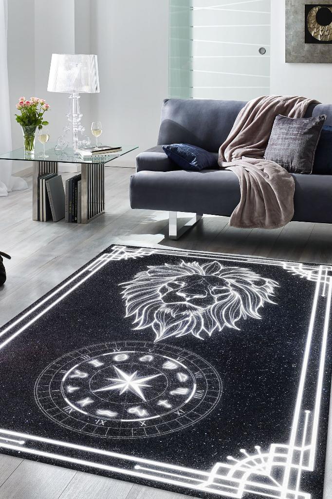 Aslan Burcu Astroloji Temalı Halı Burç Halısı Aslan Burcuna Hediyelik Halı Siyah Renk Halı