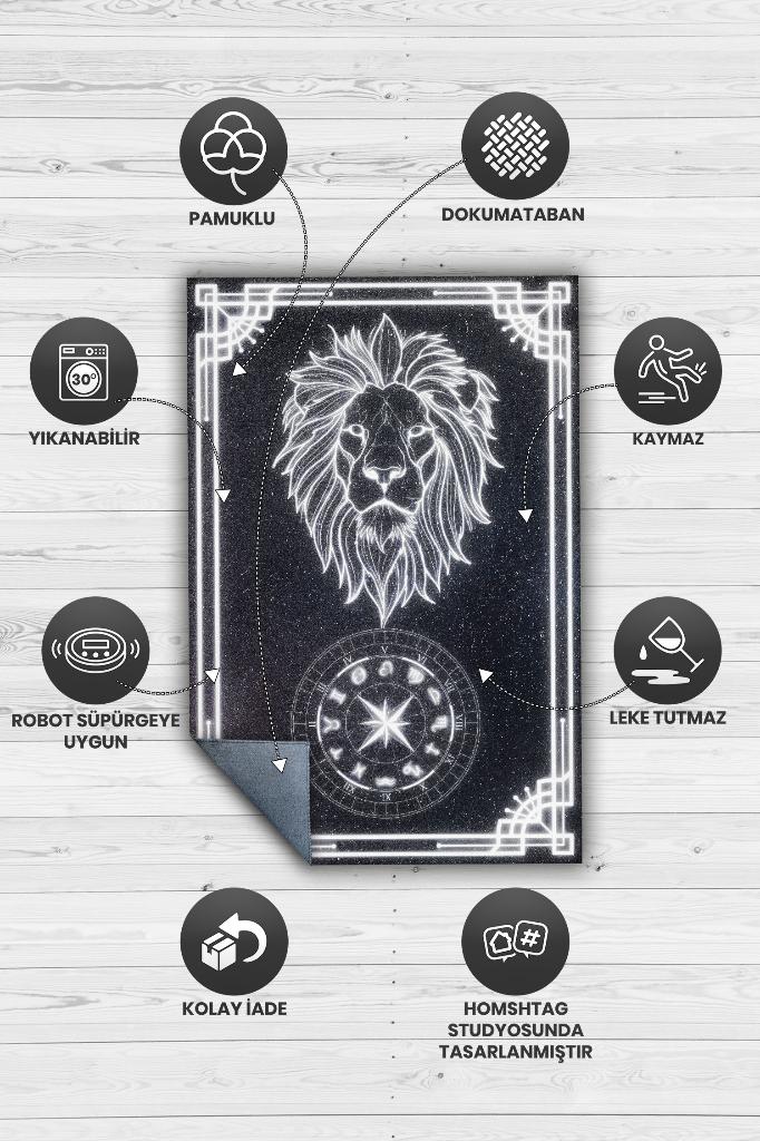 Aslan Burcu Astroloji Temalı Halı Burç Halısı Aslan Burcuna Hediyelik Halı Siyah Renk Halı