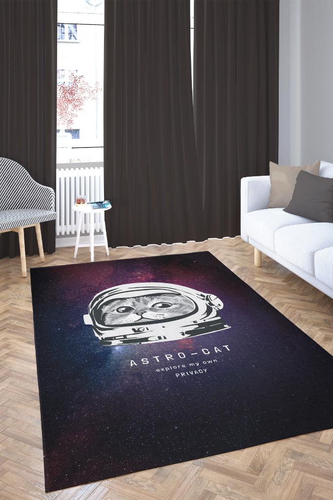 Astro Kedi Koyu Renkli Salon Halısı Siyah Gölgeli Genç Odası Halısı Kedi Desenli Halı