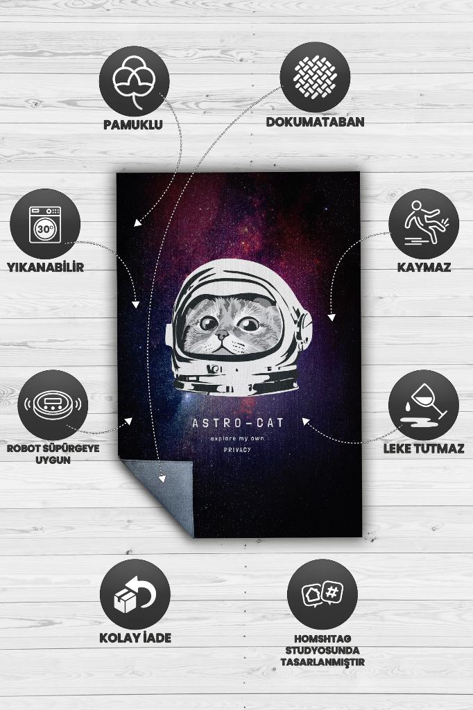 Astro Kedi Koyu Renkli Salon Halısı Siyah Gölgeli Genç Odası Halısı Kedi Desenli Halı