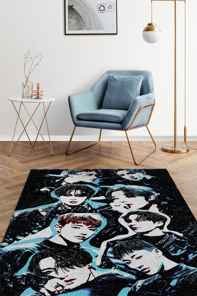 Ateez Siyah Renkli Modern Genç Odası Halısı Kpop Sever Müzik Halısı Müzik Temalı Halı