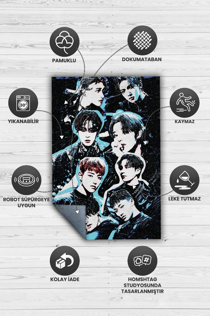 Ateez Siyah Renkli Modern Genç Odası Halısı Kpop Sever Müzik Halısı Müzik Temalı Halı