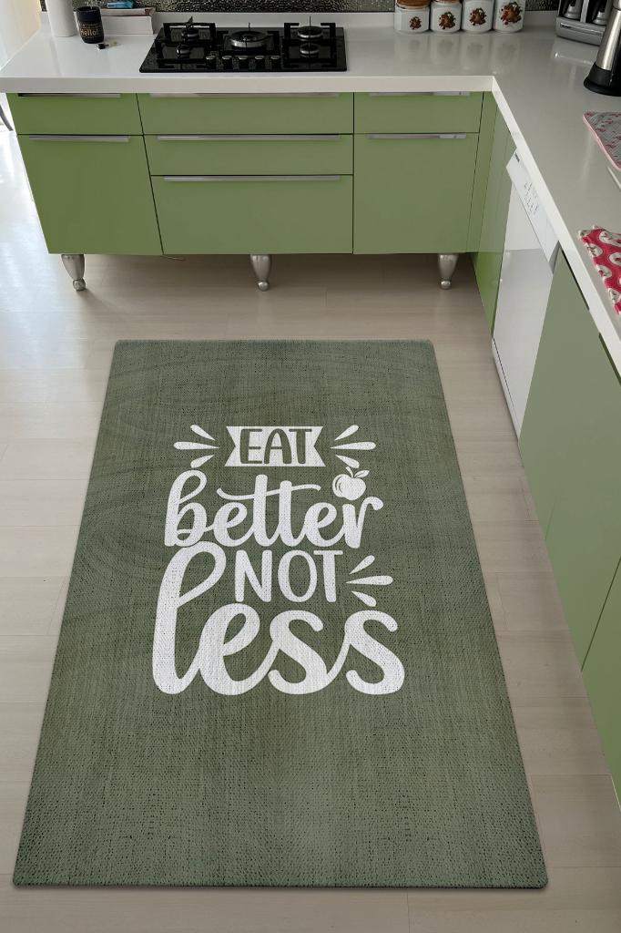 Az Yeme İyi Ye Yeşil Renkli Mutfak Halı Yazılı Dekoratif Modern Mutfak Halısı Dokuma Halı