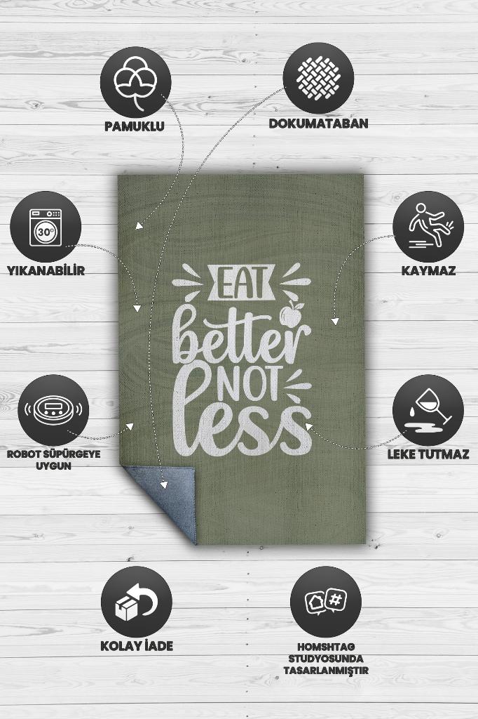 Az Yeme İyi Ye Yeşil Renkli Mutfak Halı Yazılı Dekoratif Modern Mutfak Halısı Dokuma Halı