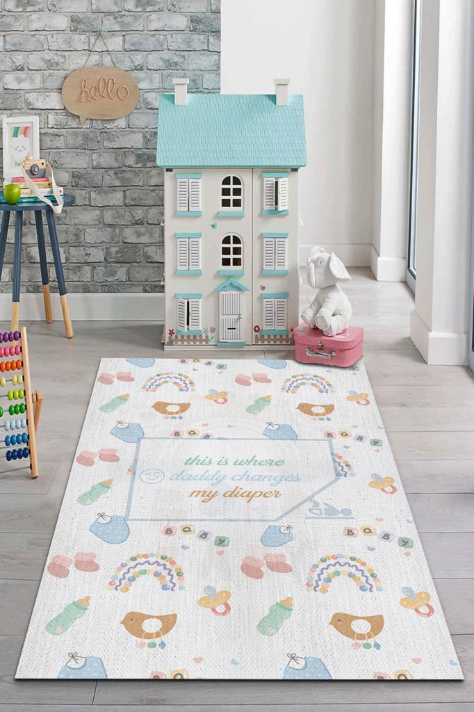 Baba Altımı Değiştir Beyaz Renkli Çocuk Odası Halısı Minimal Çocuk Halısı Bebek Temalı Halı