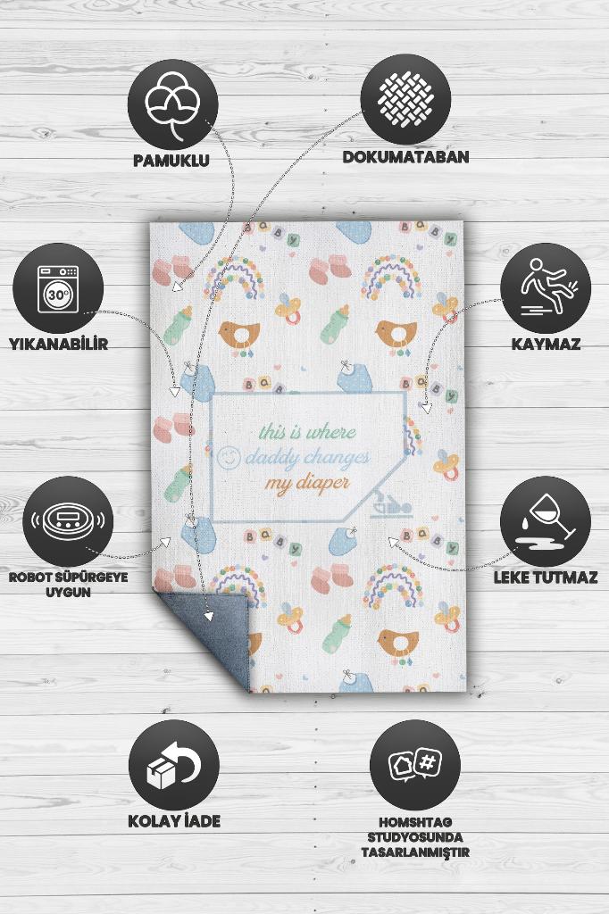 Baba Altımı Değiştir Beyaz Renkli Çocuk Odası Halısı Minimal Çocuk Halısı Bebek Temalı Halı