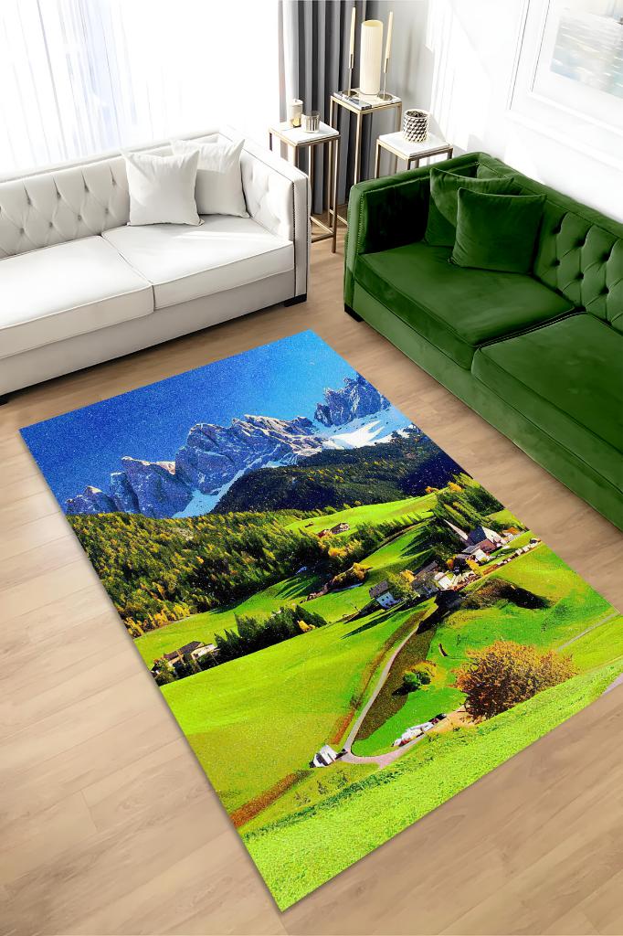 Bahar Çok Renkli Halı Manzara Temalı Figürlü Salon Halısı Dijital Baskılı Tasarım Halı