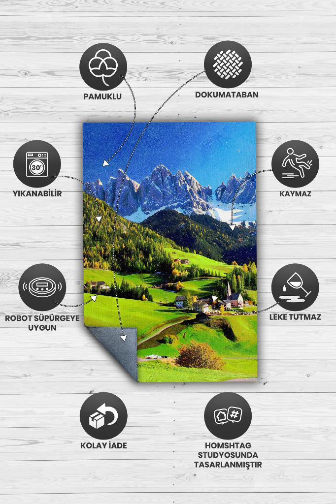 Bahar Çok Renkli Halı Manzara Temalı Figürlü Salon Halısı Dijital Baskılı Tasarım Halı