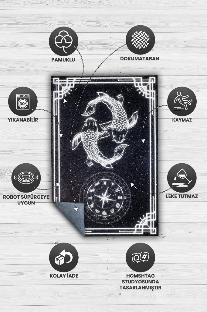 Balık Burcu Astroloji Temalı Halı Burç Halısı Balık Burcuna Hediyelik Halı Siyah Renk Halı