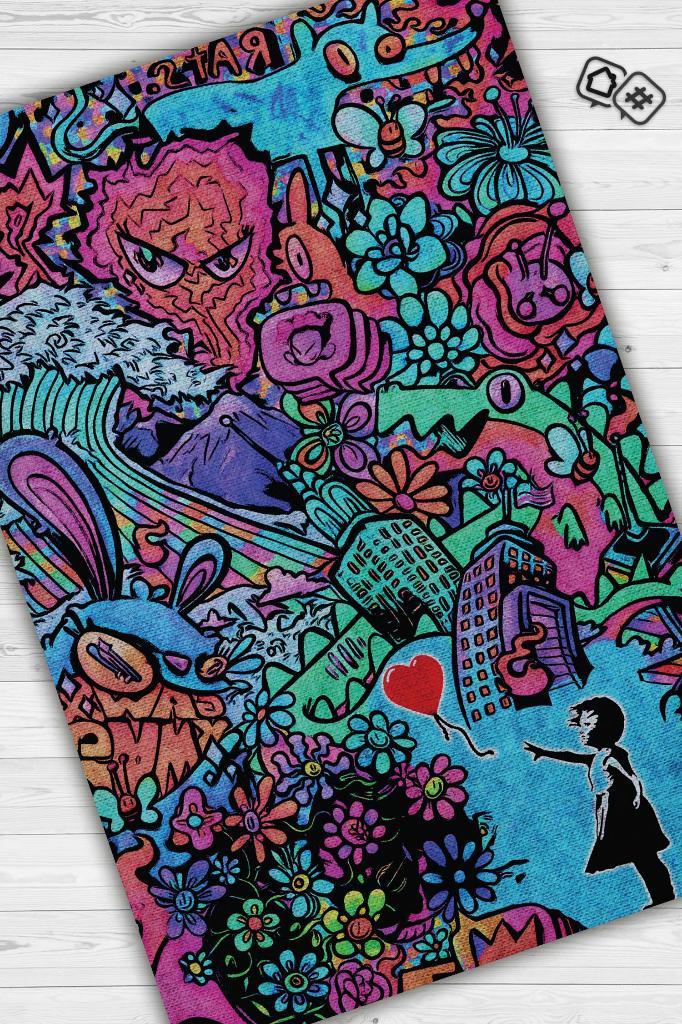 Balonlu Kızın Baktığı Yer Graffiti Temalı Renkli Genç Odası Halsı Dekoratif Graffiti Halısı