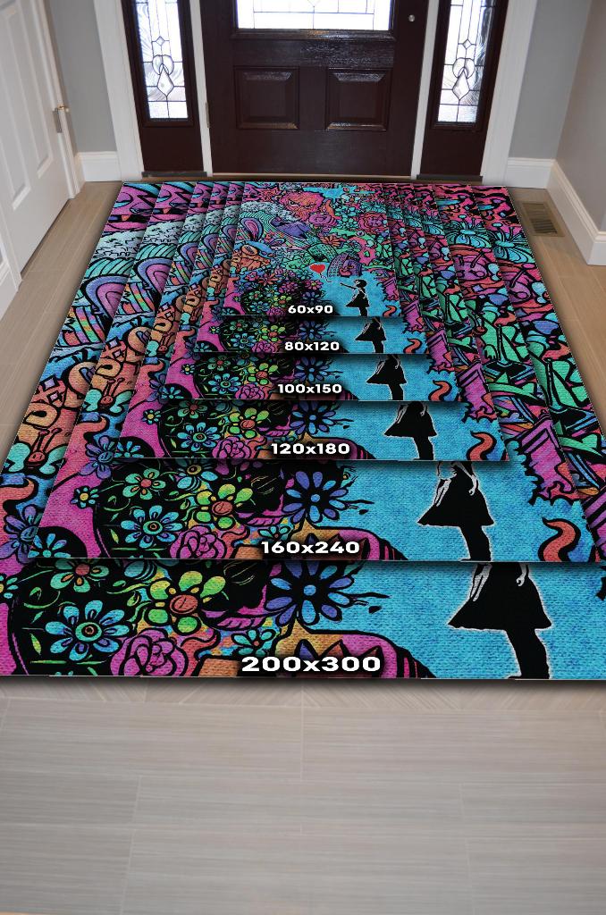 Balonlu Kızın Baktığı Yer Graffiti Temalı Renkli Genç Odası Halsı Dekoratif Graffiti Halısı