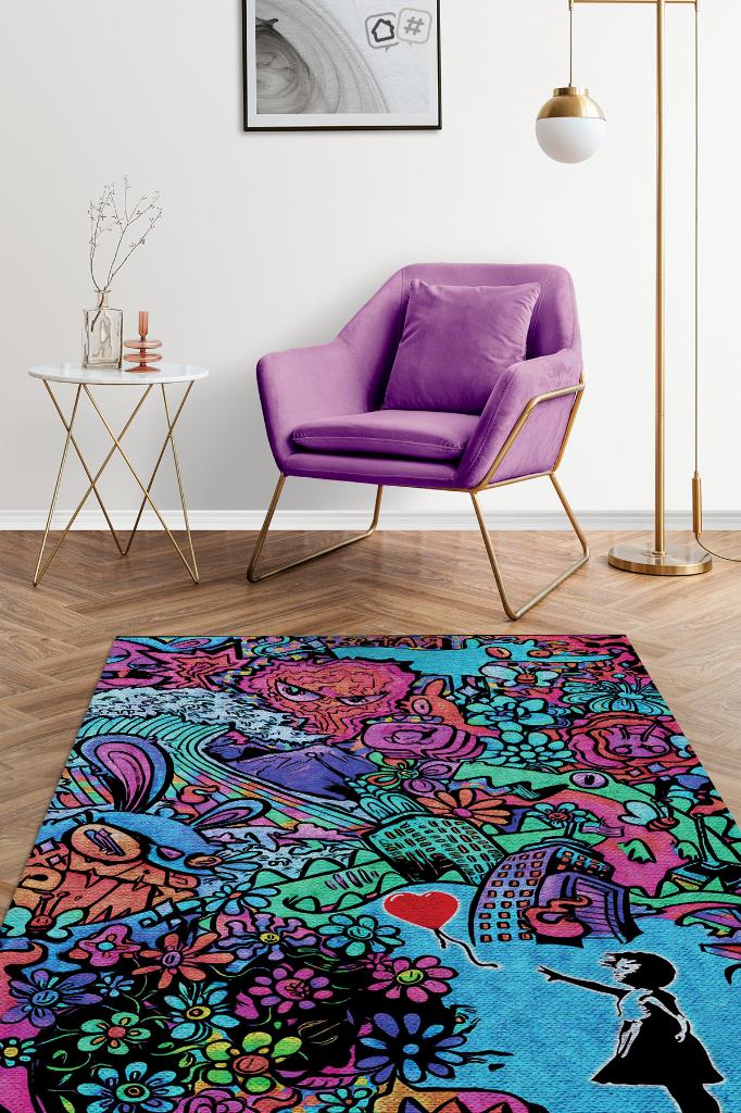 Balonlu Kızın Baktığı Yer Graffiti Temalı Renkli Genç Odası Halsı Dekoratif Graffiti Halısı
