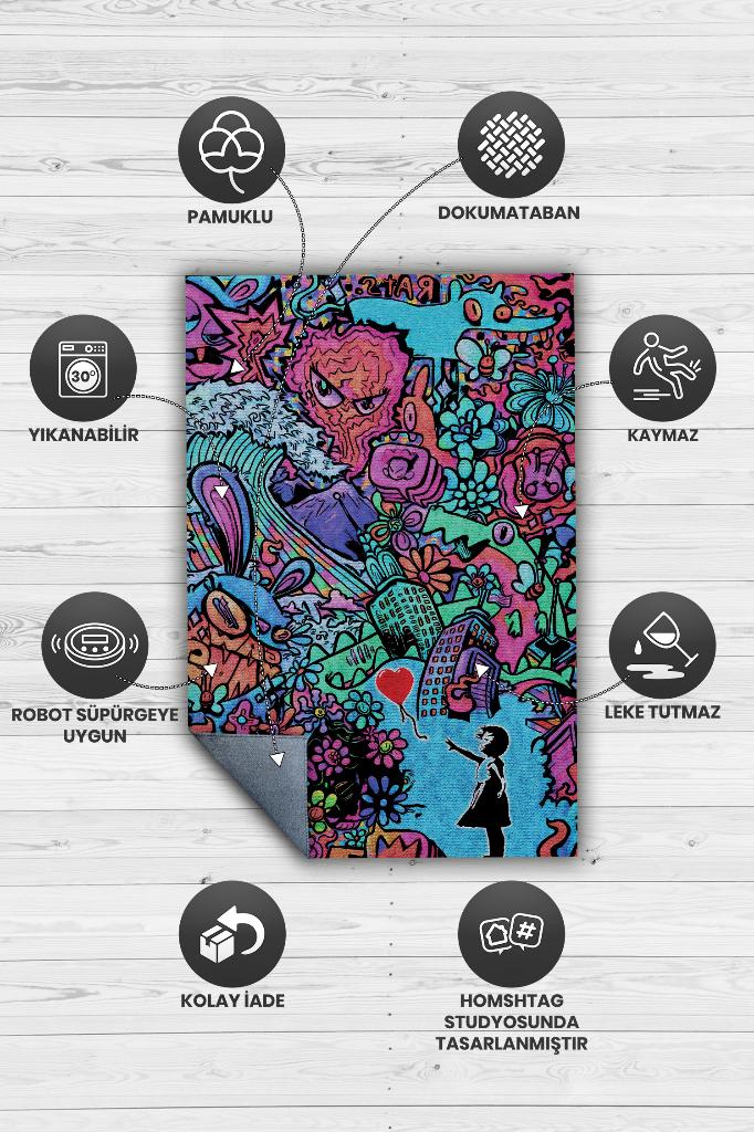 Balonlu Kızın Baktığı Yer Graffiti Temalı Renkli Genç Odası Halsı Dekoratif Graffiti Halısı