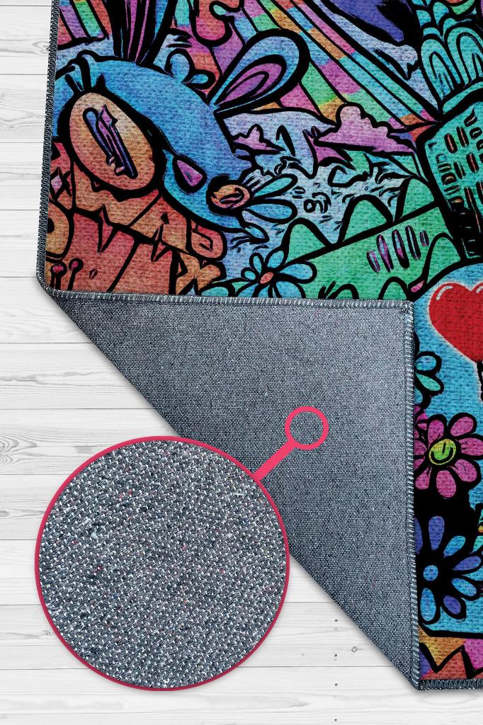 Balonlu Kızın Baktığı Yer Graffiti Temalı Renkli Genç Odası Halsı Dekoratif Graffiti Halısı