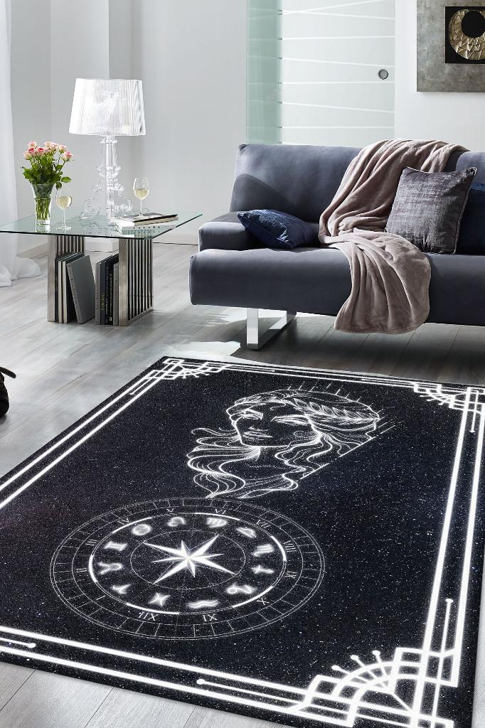 Başak Burcu Astroloji Temalı Halı Burç Halısı Başak Burcuna Hediyelik Halı Siyah Renk Halı