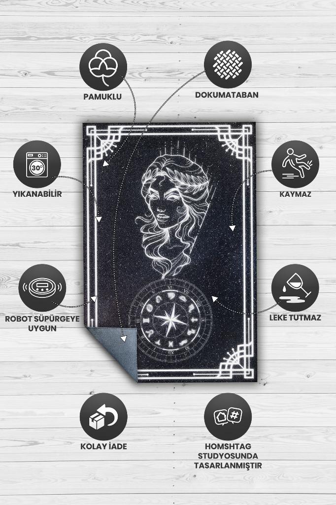 Başak Burcu Astroloji Temalı Halı Burç Halısı Başak Burcuna Hediyelik Halı Siyah Renk Halı