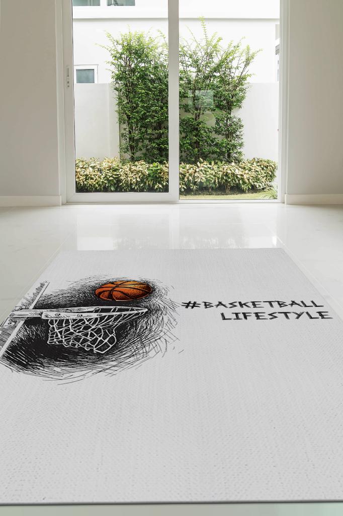 Basketbol Hayatı Renkli Halı Basketbol Sever Halısı Spor Severler Siyah Beyaz Halı