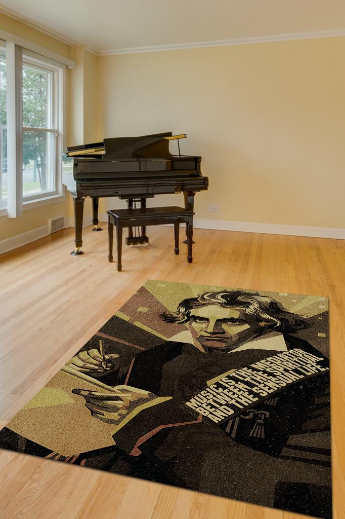 Beethoven Koyu Renkli Müzisyen Halı Müzsik Severe Hediyelik Halı Geometrif Figürlü Halı
