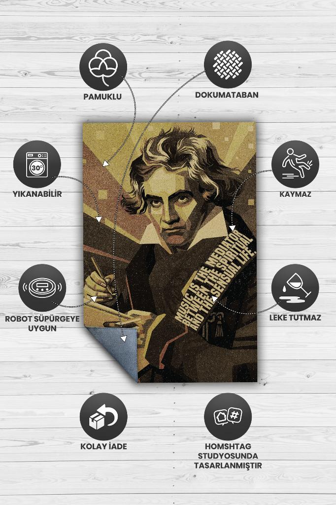 Beethoven Koyu Renkli Müzisyen Halı Müzsik Severe Hediyelik Halı Geometrif Figürlü Halı