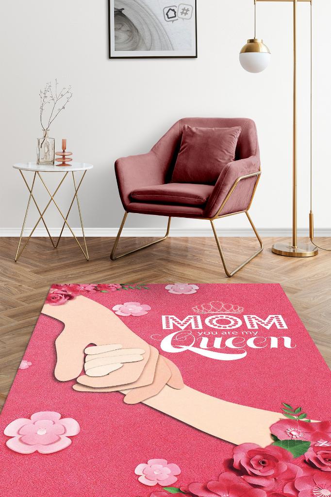 Benim Annem Kraliçe Çok Renkli Çicekli Halı Dijital Baskı Salon Halısı Anneye Özel Halı