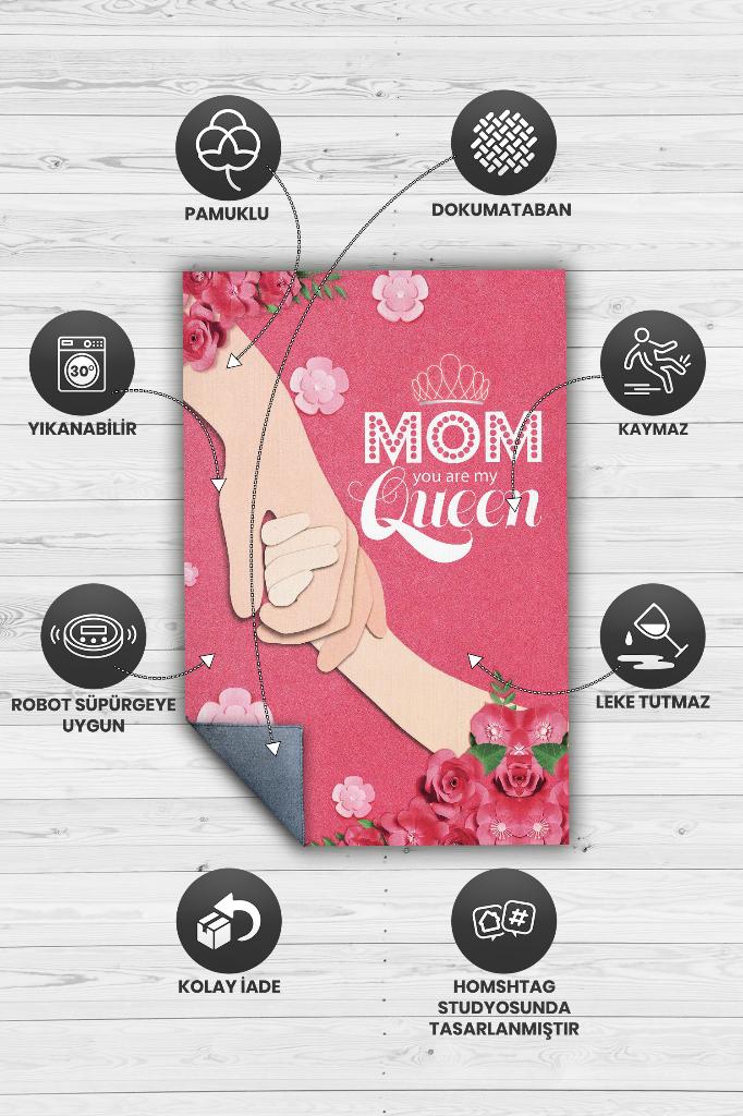 Benim Annem Kraliçe Çok Renkli Çicekli Halı Dijital Baskı Salon Halısı Anneye Özel Halı