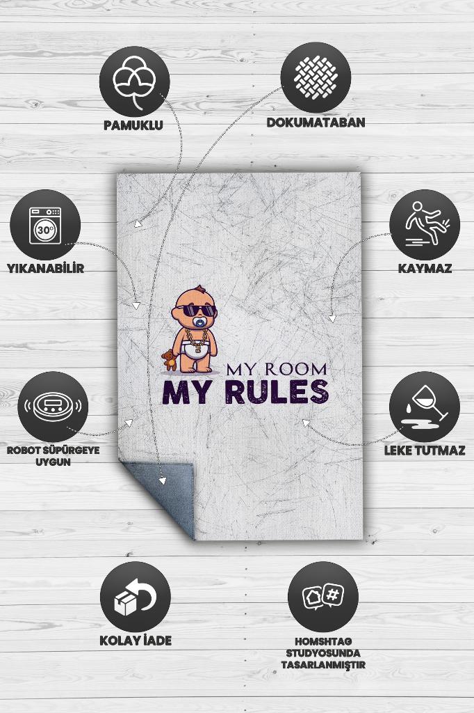 Benim Odam Benim Kurallarım Beyaz Renkli Çocuk Odası Halısı Minimal Halı Bebek Temalı Halı
