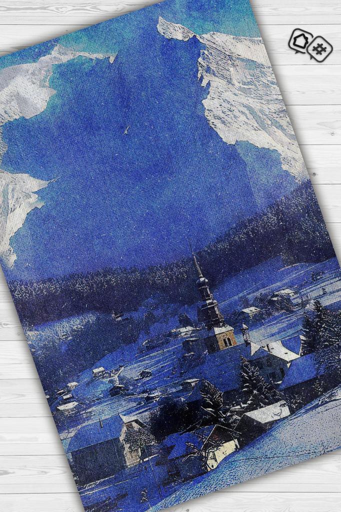 Beyaz Kasaba Mavi Renkli Halı Manzara Temalı Salon Halısı Dijital Baskılı Tasarım Halı
