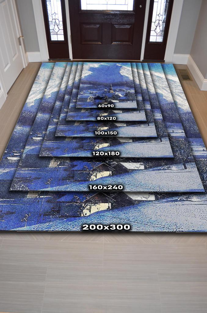 Beyaz Kasaba Mavi Renkli Halı Manzara Temalı Salon Halısı Dijital Baskılı Tasarım Halı