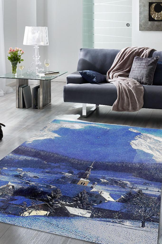 Beyaz Kasaba Mavi Renkli Halı Manzara Temalı Salon Halısı Dijital Baskılı Tasarım Halı