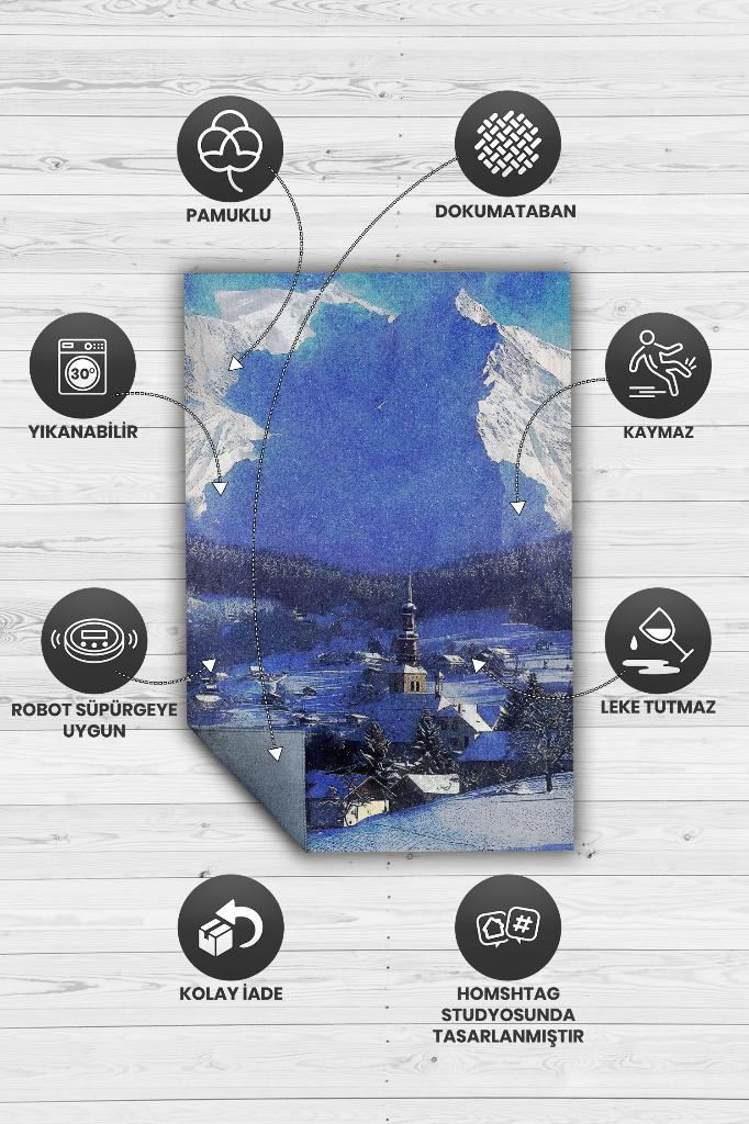 Beyaz Kasaba Mavi Renkli Halı Manzara Temalı Salon Halısı Dijital Baskılı Tasarım Halı