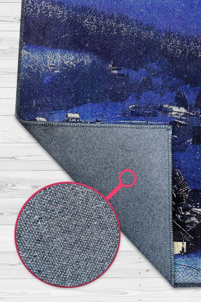 Beyaz Kasaba Mavi Renkli Halı Manzara Temalı Salon Halısı Dijital Baskılı Tasarım Halı