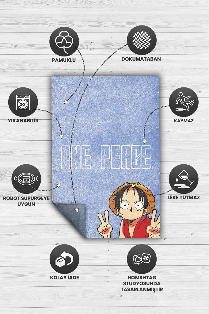 Bir Parça Barış Mavi Renkli Dokuma Tabanlı Amime Halısı Anime Severler İçin Hediyelik Halı