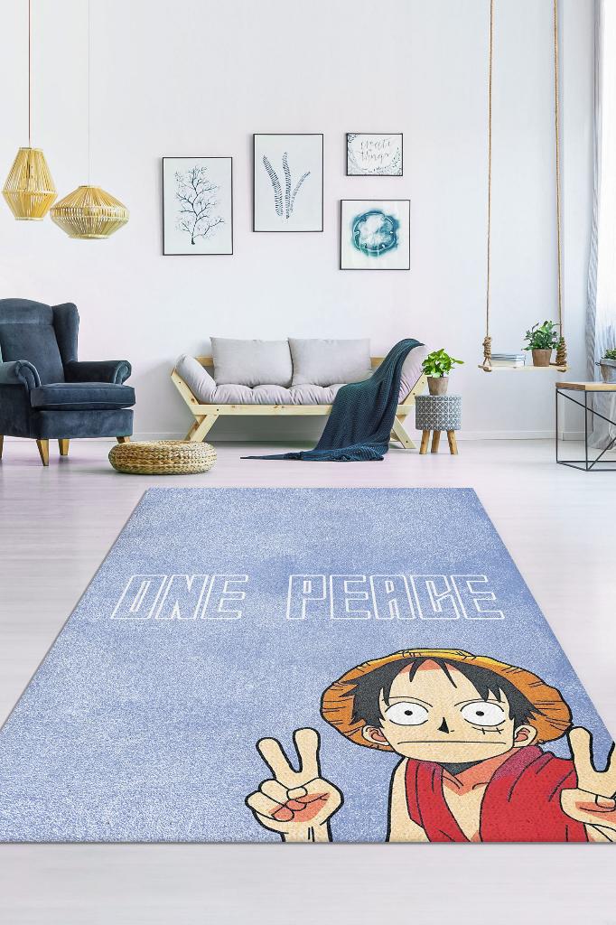 Bir Parça Barış Mavi Renkli Dokuma Tabanlı Amime Halısı Anime Severler İçin Hediyelik Halı