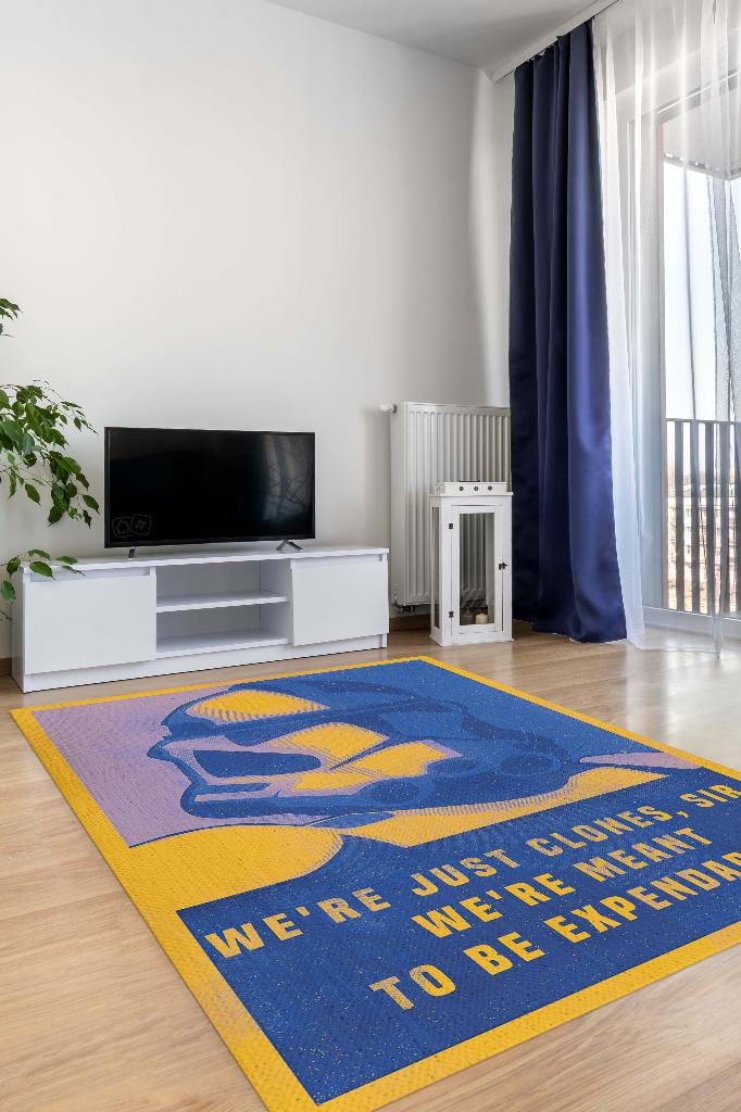 Biz Sadece Klonlarız Star Wars Temalı Film Halısı Mavi Sarı Renkli Star Wars Filmi Halısı