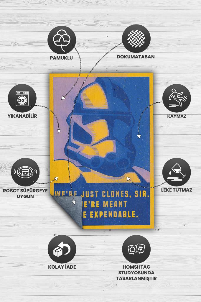 Biz Sadece Klonlarız Star Wars Temalı Film Halısı Mavi Sarı Renkli Star Wars Filmi Halısı