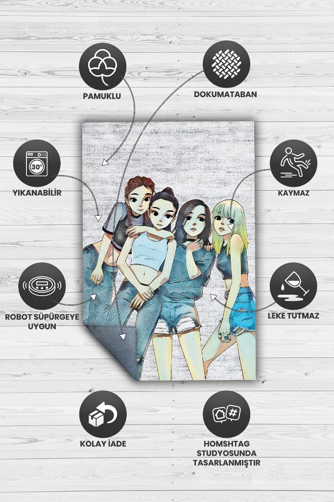 Black Pink Çok Renkli Genç Kız Odası Halısı Modern Dokuma Halı Kpop Sever Müzik Halısı