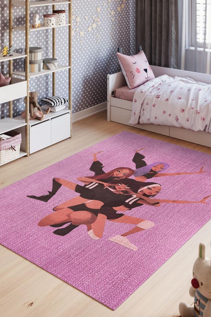 Blackpink Pembe Renkli Dokuma Halı Figürlü Genç Odası Halısı Müzik Temalı Halı Modern Halı
