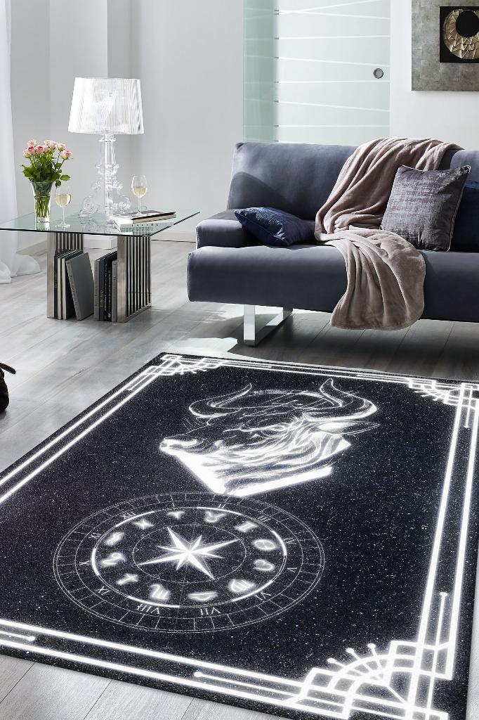 Boğa Burcu Astroloji Temalı Halı Burç Halısı Boğa Burcuna Hediyelik Halı Siyah Renkli Halı