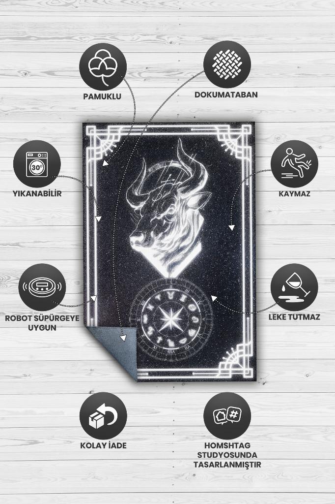 Boğa Burcu Astroloji Temalı Halı Burç Halısı Boğa Burcuna Hediyelik Halı Siyah Renkli Halı
