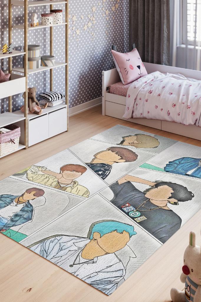 BTS Çok Renkli Genç Kız Odası Halısı Modern Dokuma Halı Kpop Sever Müzik Halısı