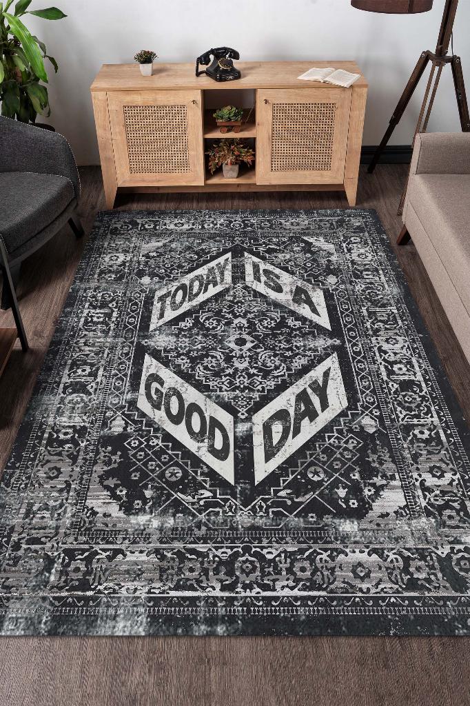 Güzel Bir Gün Etnik Desenli Halı Geometrik Salon Halısı Siyah Renkli Oturma Odası Halısı