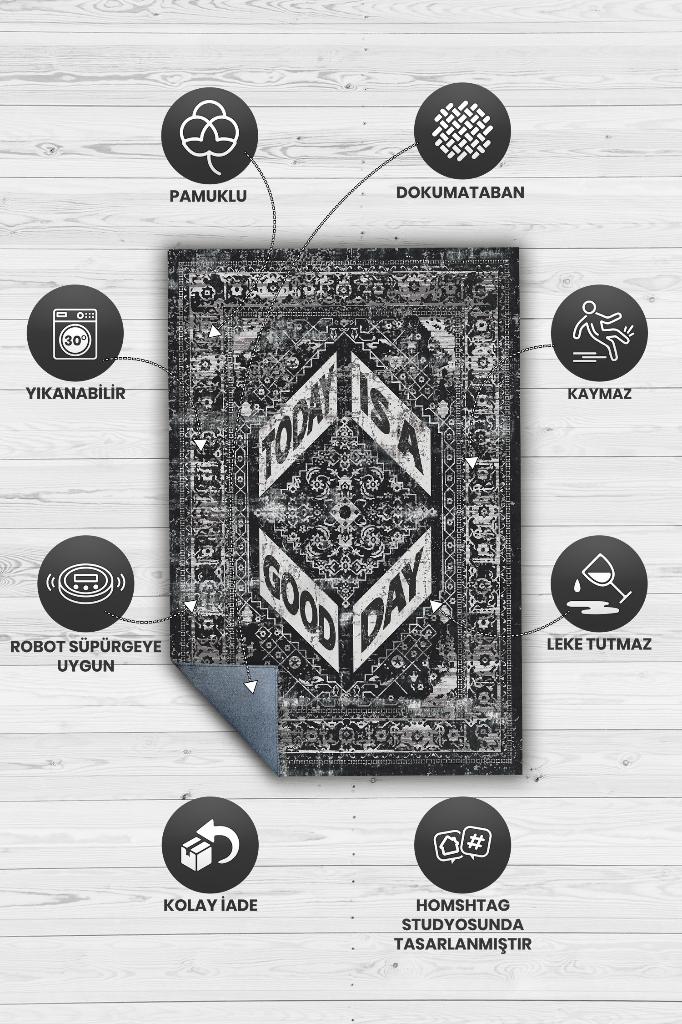 Güzel Bir Gün Etnik Desenli Halı Geometrik Salon Halısı Siyah Renkli Oturma Odası Halısı