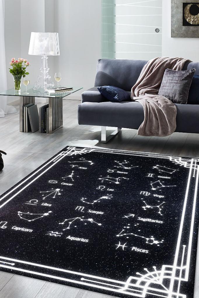 Burçular ve Astroloji Temalı Halı Burç Halısı Burç Temalı Hediyelik Halı Siyah Renk Halı