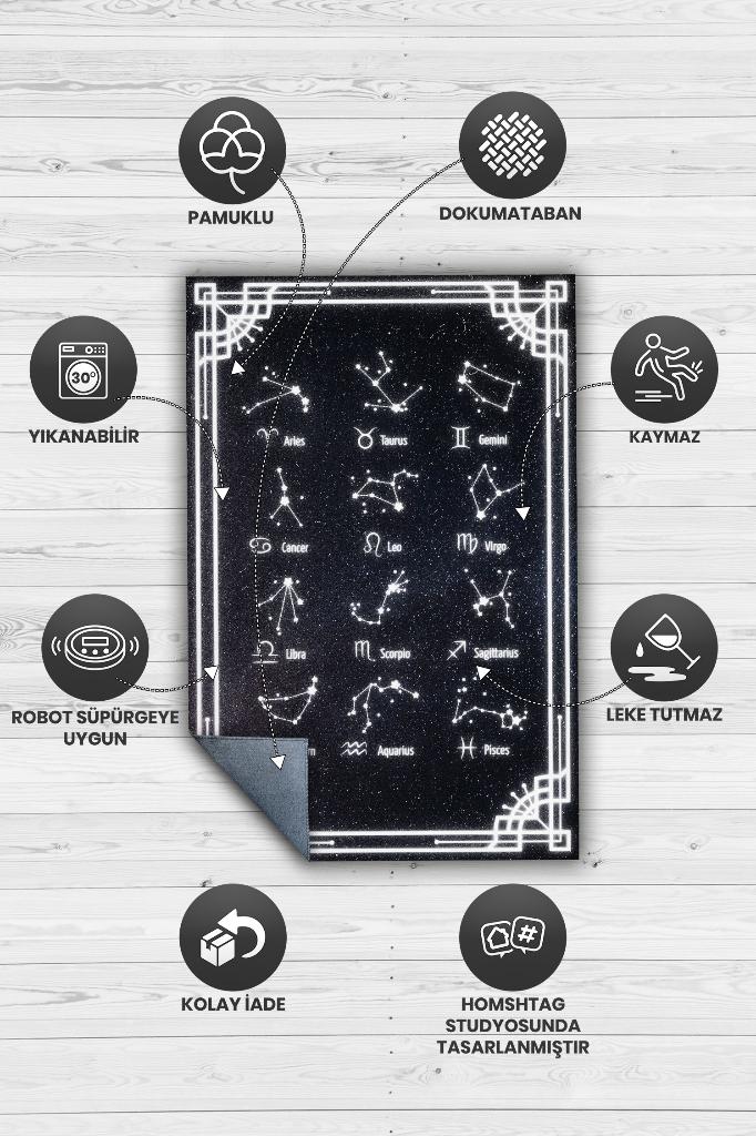 Burçular ve Astroloji Temalı Halı Burç Halısı Burç Temalı Hediyelik Halı Siyah Renk Halı