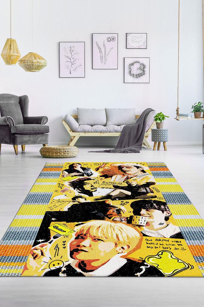 Butter Sarı Renkli Halı Kpop Sever Dokuma Tabanlı Müzik Sever Halısı Kpop Temalı Halı