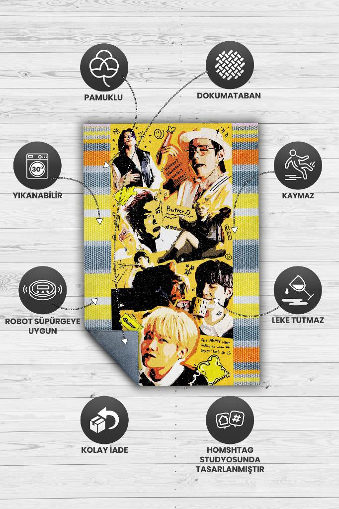Butter Sarı Renkli Halı Kpop Sever Dokuma Tabanlı Müzik Sever Halısı Kpop Temalı Halı
