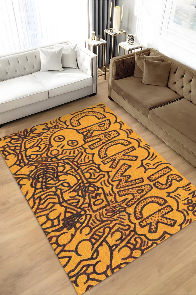 Çatlak Graffiti Temalı Turuncu Renkli Hediyelik Genç Odası Halısı Geometrik Graffiti Halısı
