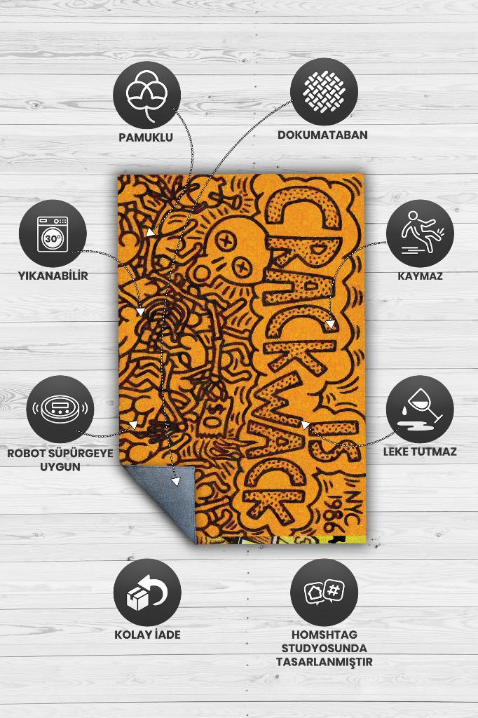Çatlak Graffiti Temalı Turuncu Renkli Hediyelik Genç Odası Halısı Geometrik Graffiti Halısı
